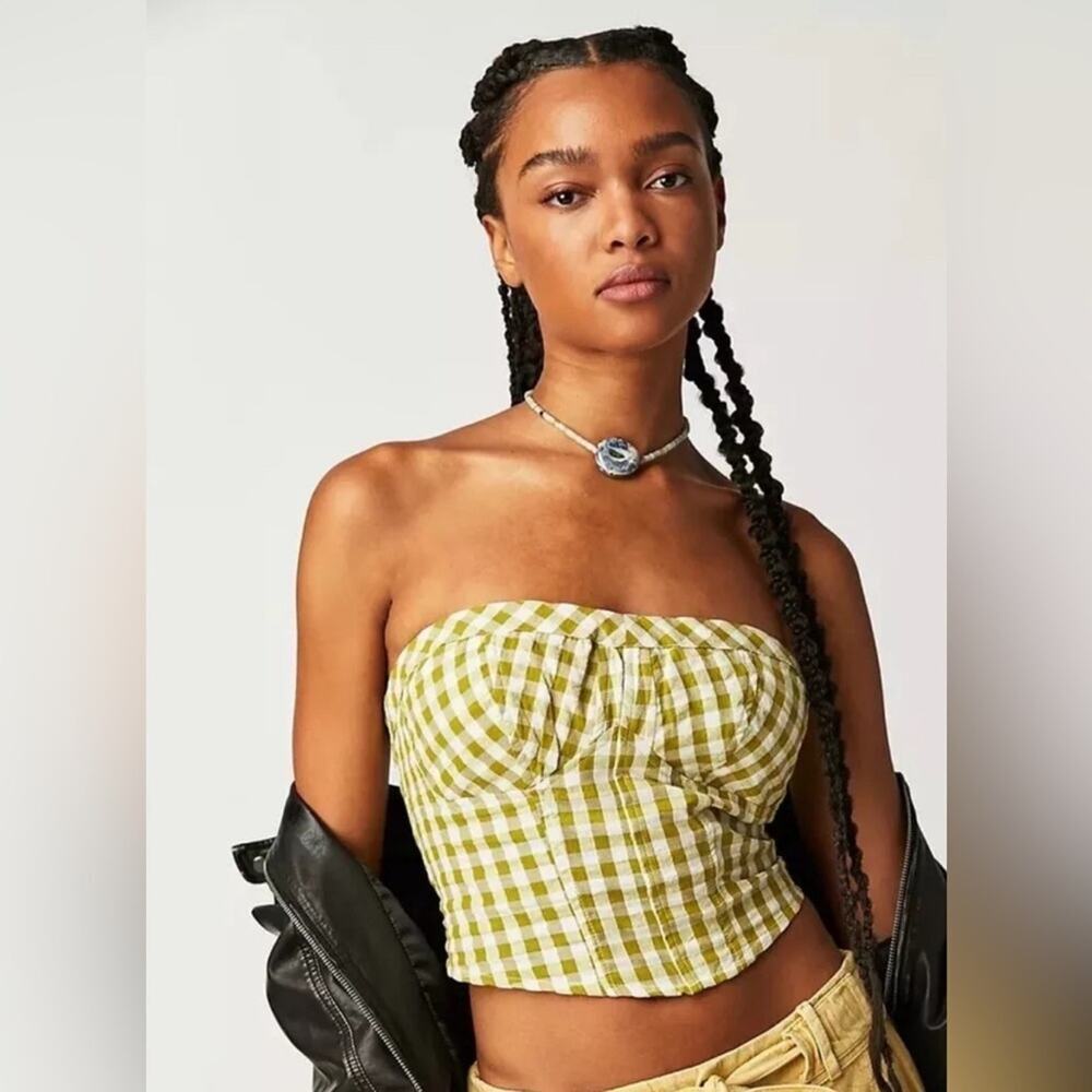 Free People Green Gingham Strapless Crop Top